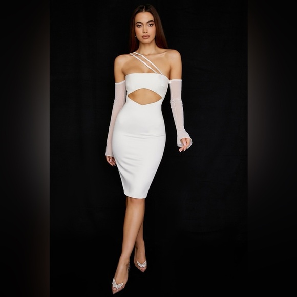 House of CB Loulou Ivory Satin Cutout Midi Dress White Embellished - Picture 4 of 6